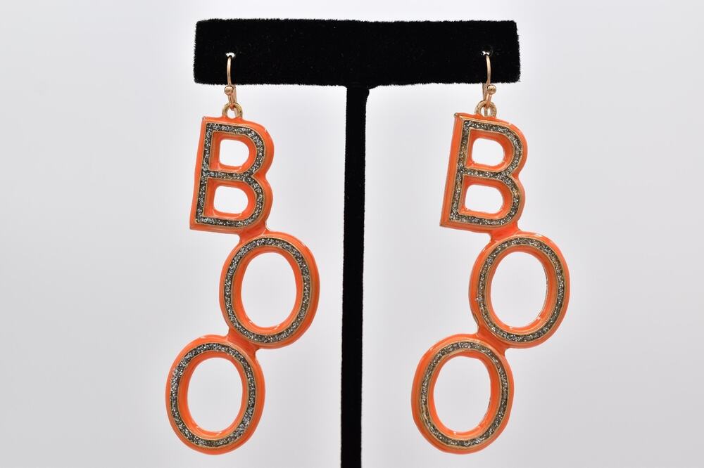 Orange BOO Glitter Enamel Halloween Dangle Earrings Gold Tone Spooky Y2K Bin7